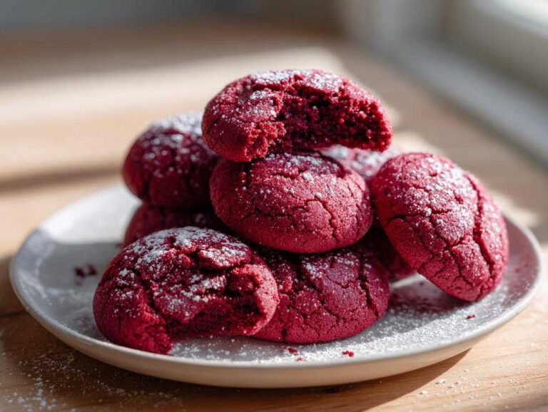 A stack of vibrant red velvet cake mix cookies dusted with powdered sugar on a white plate.