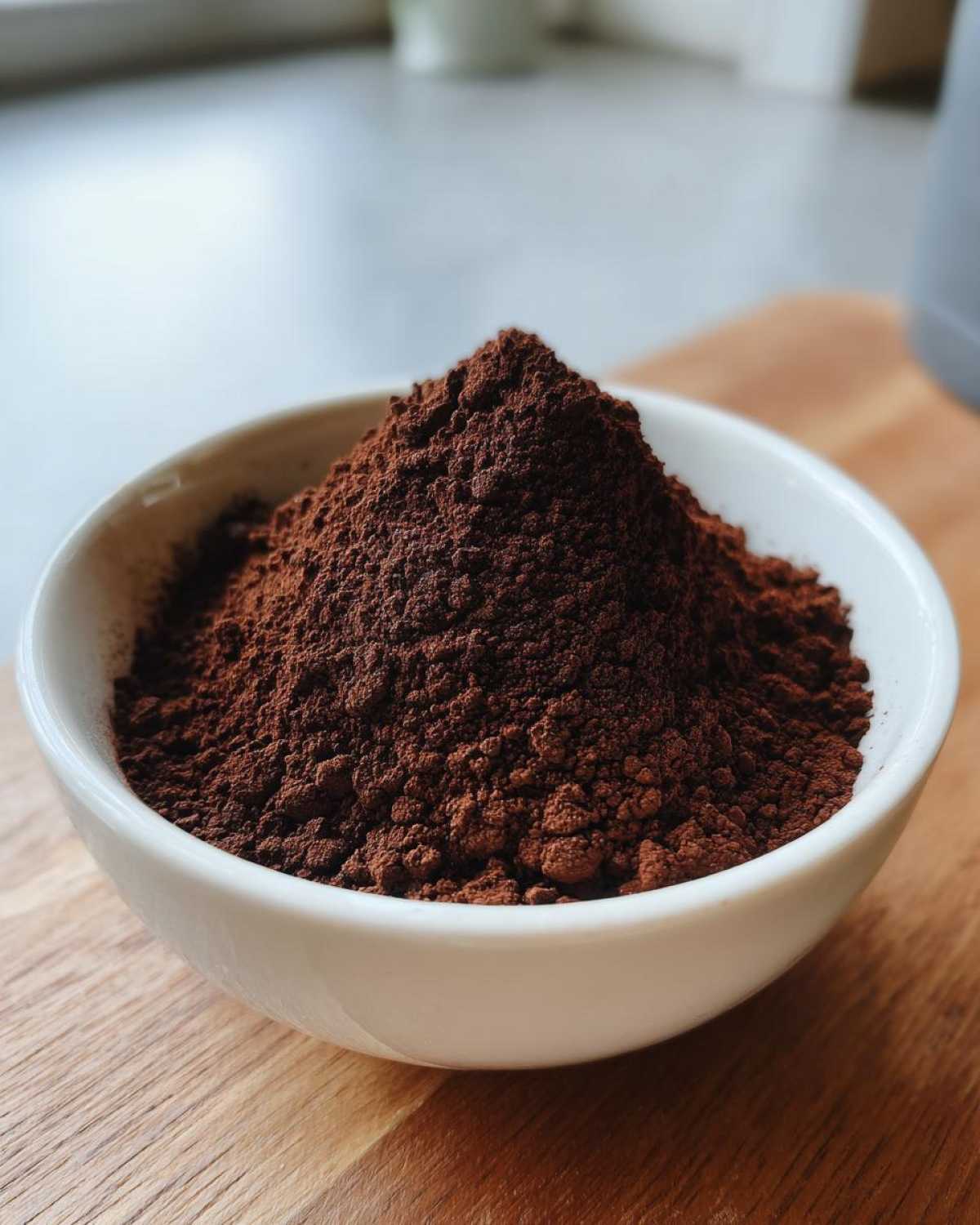 A small white bowl filled with a mound of dark brown cocoa powder, essential for making hot cocoa mix.