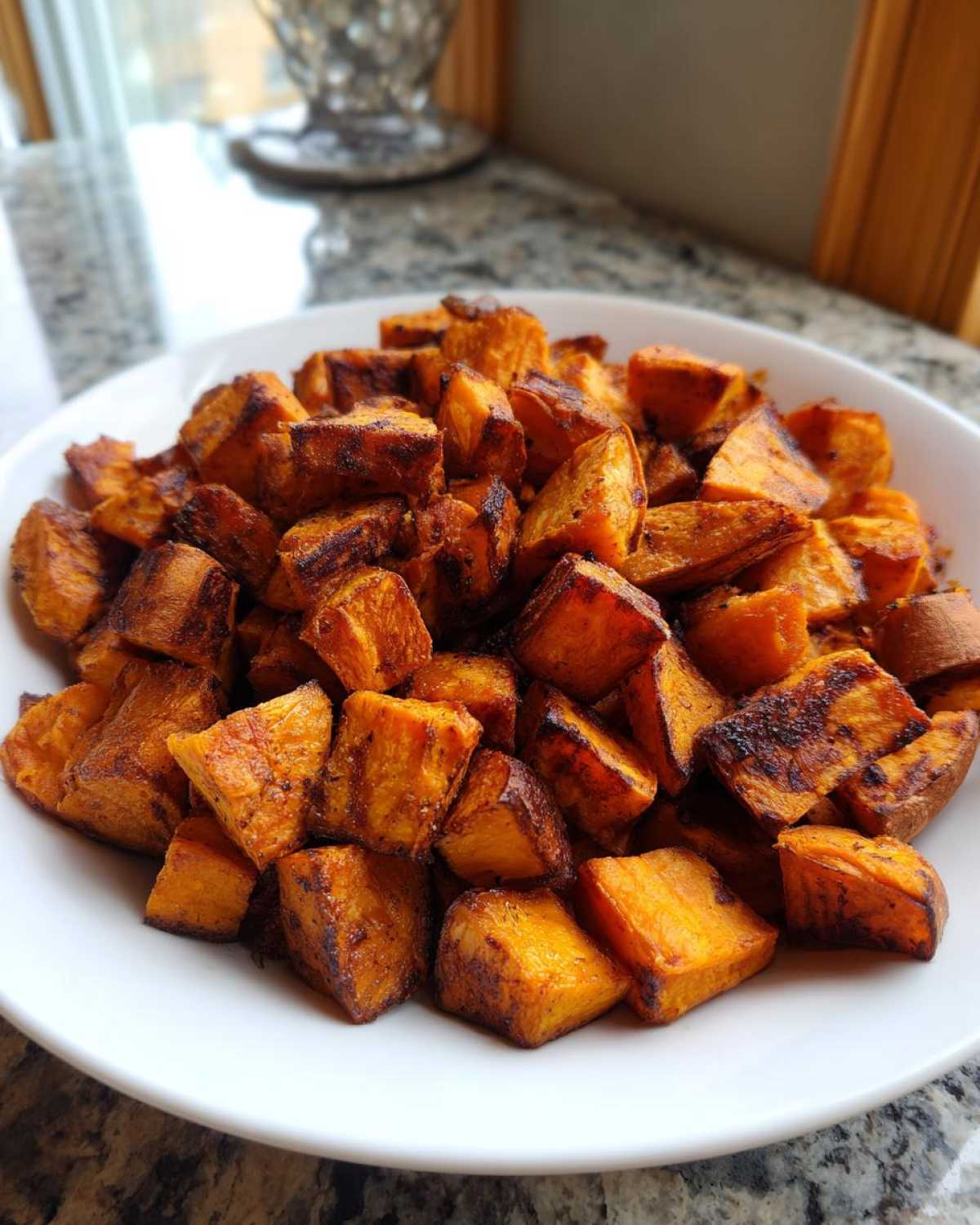A white bowl filled with perfectly caramelized and roasted sweet potato cubes, showing crispy edges.