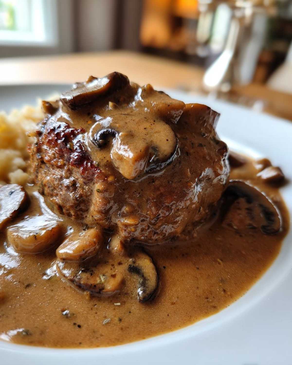 Close-up of a juicy Salisbury steak patty smothered in rich mushroom gravy.