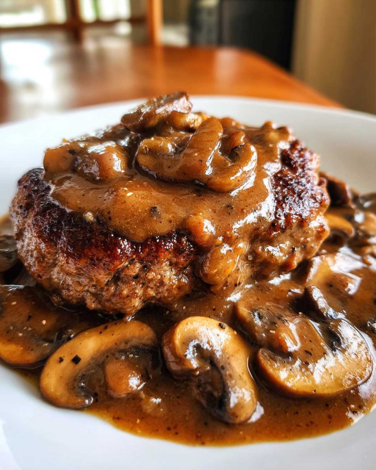 Close-up of a juicy Salisbury steak smothered in rich brown mushroom gravy.