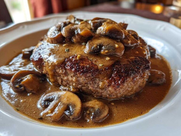 Amazing 45-Minute Salisbury Steak Comfort Food A perfectly seared Salisbury steak smothered in rich brown mushroom gravy, served on a white plate.