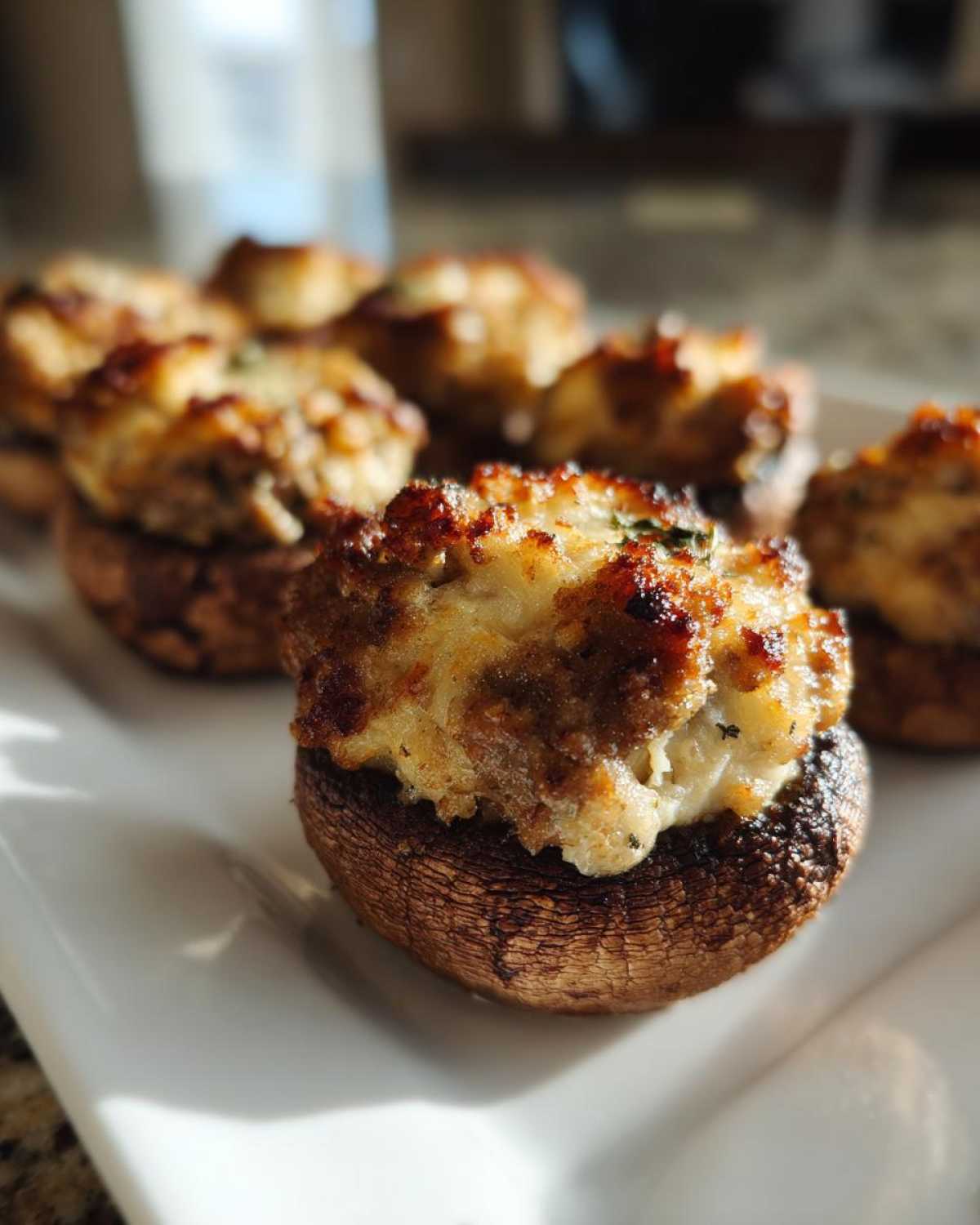 Close-up of baked Sausage stuffed mushrooms piled high with savory filling and topped with fresh parsley.