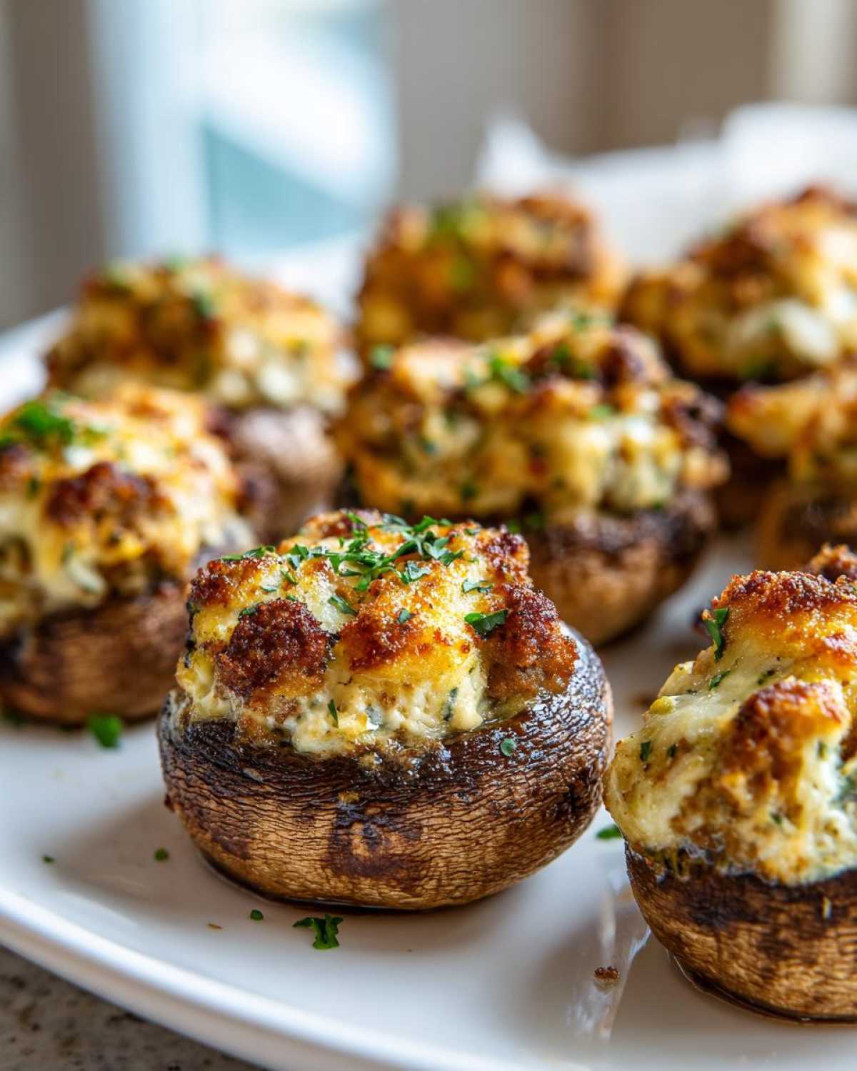 Close-up of baked Sausage stuffed mushrooms piled high with savory, cheesy filling on a white serving platter.