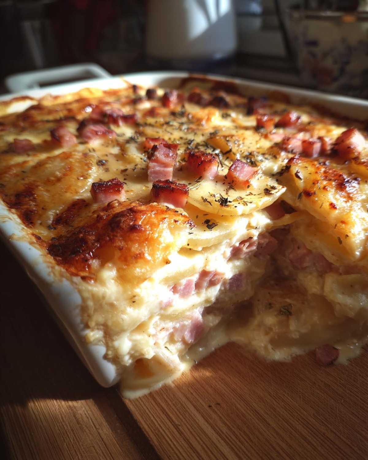 Close-up of a rich, cheesy scalloped potatoes and ham casserole with browned ham cubes on top.