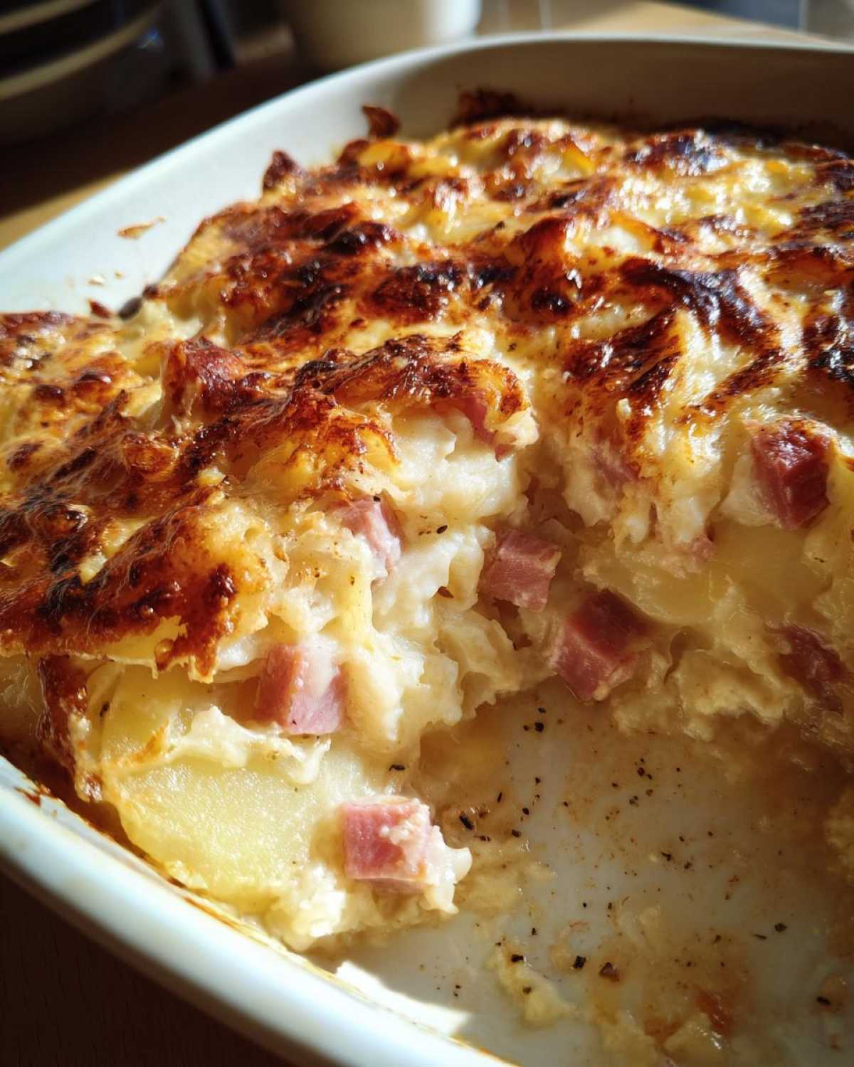 Close-up of a creamy, baked scalloped potatoes and ham casserole with a browned, cheesy top.