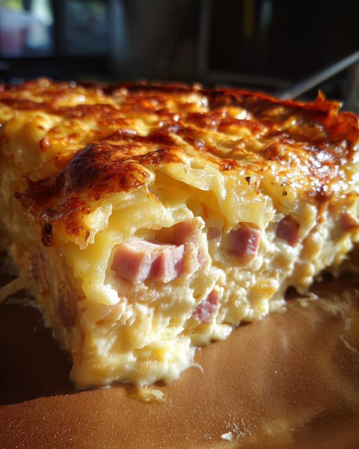 A close-up, cross-section view of a rich, creamy slice of scalloped potatoes and ham with a golden, bubbly cheese topping.
