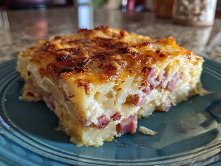 A close-up of a thick, square slice of cheesy scalloped potatoes and ham on a blue plate.