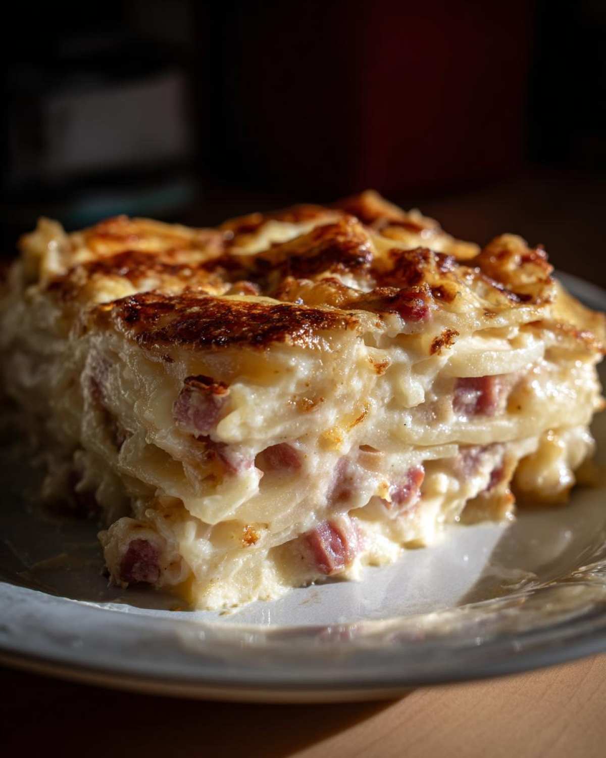 A thick, layered slice of creamy scalloped potatoes and ham baked to a golden brown on top.