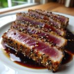 Four slices of perfectly Seared Ahi Tuna, crusted with sesame seeds, resting in a dark sauce.