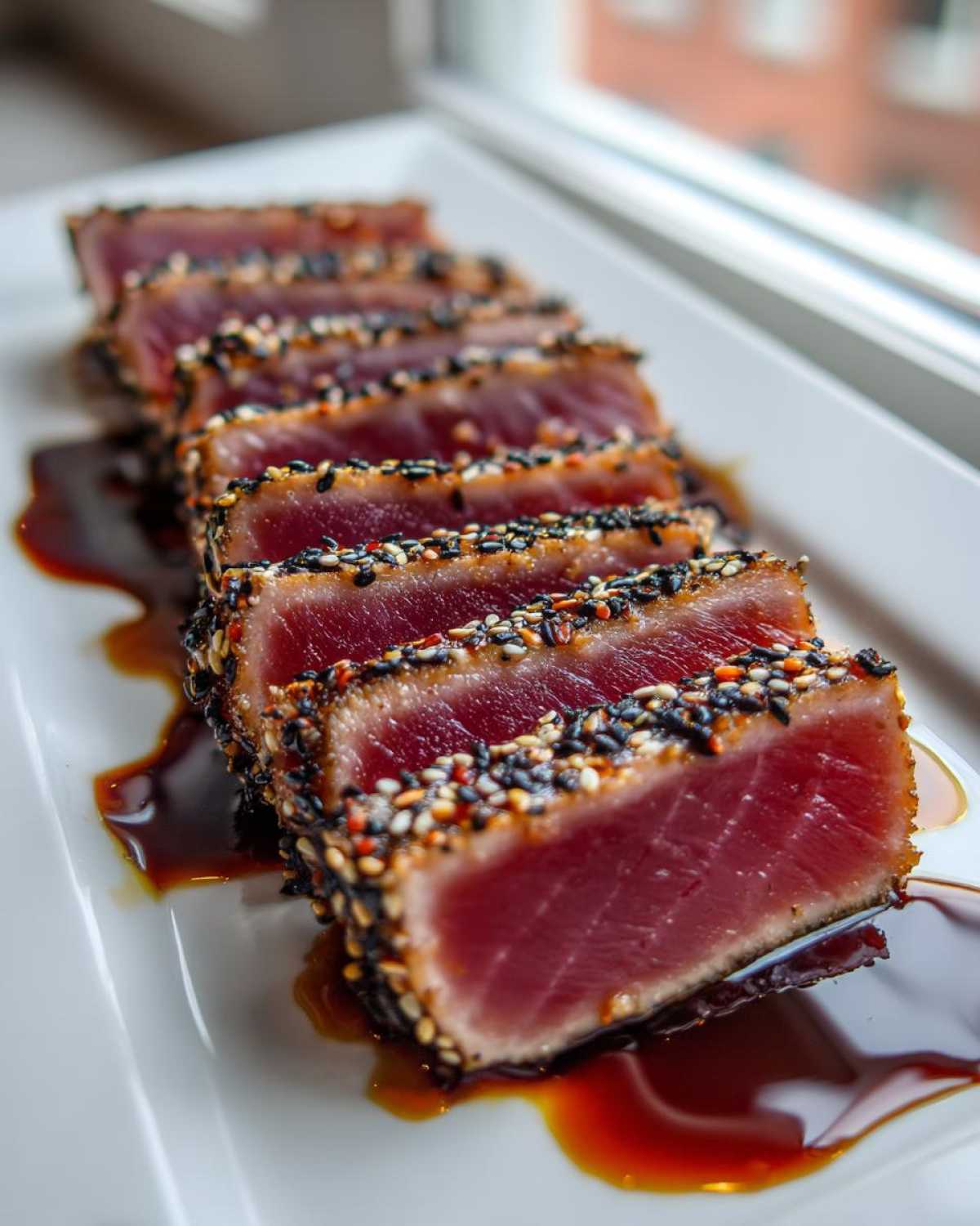 Close-up of perfectly seared ahi tuna slices, crusted with sesame seeds and drizzled with dark sauce.