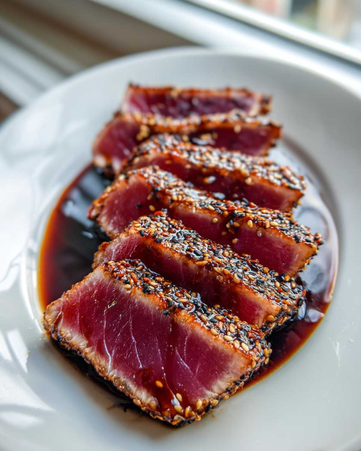 Close-up of perfectly Seared Ahi Tuna slices, crusted with sesame seeds and resting in a dark sauce.