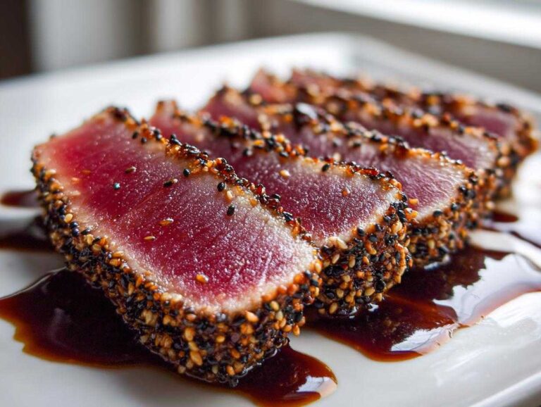 Close-up of perfectly seared ahi tuna slices, crusted with black and white sesame seeds, resting in a dark sauce.