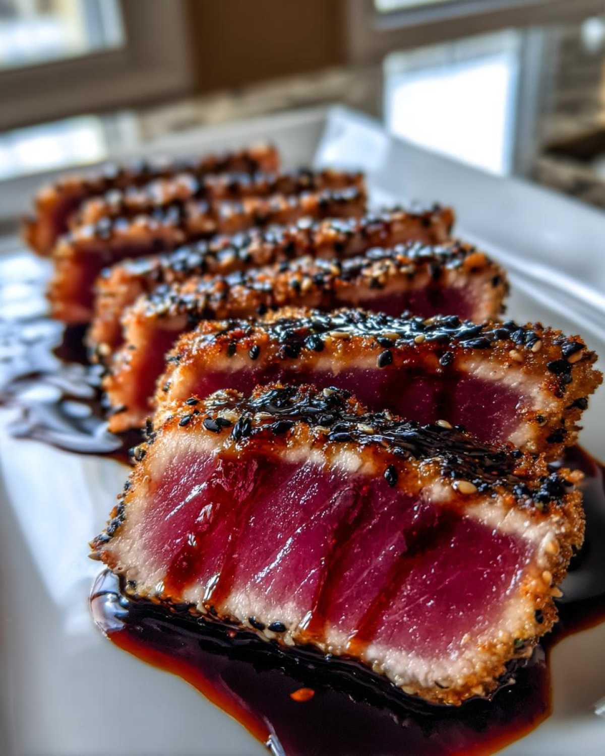 Close-up of perfectly seared Ahi Tuna slices, crusted with sesame seeds and drizzled with dark sauce.