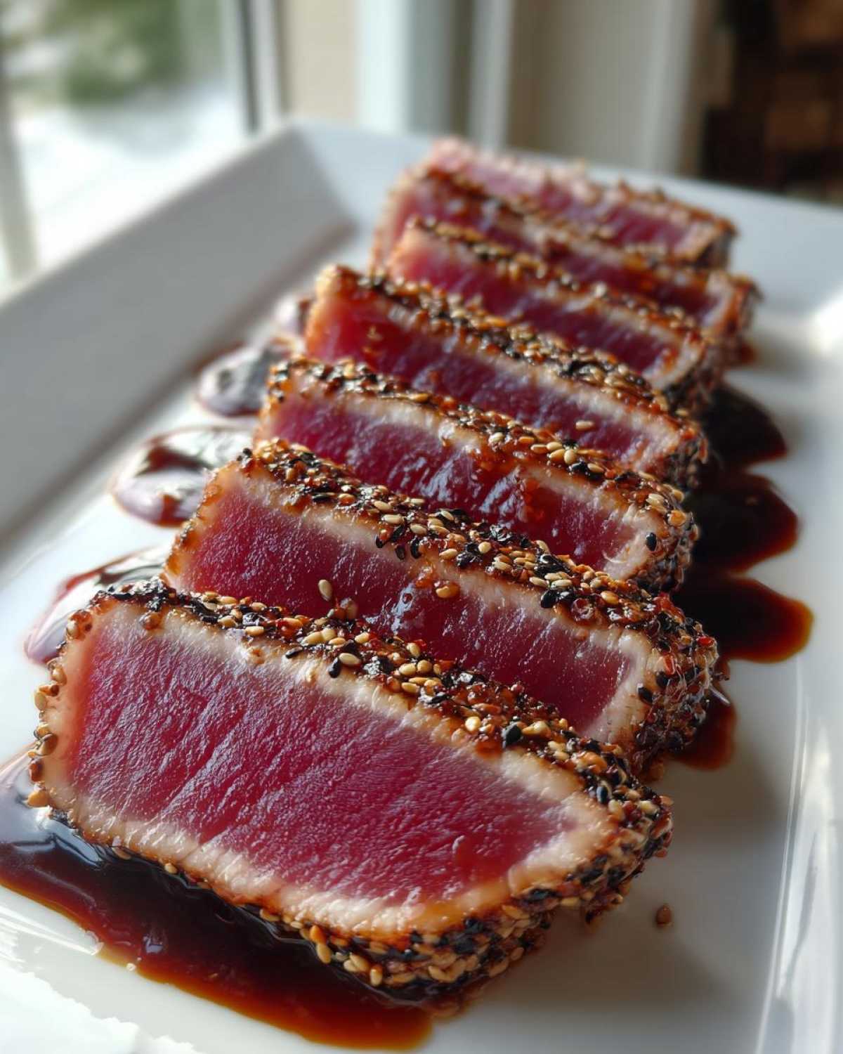 Slices of perfectly seared ahi tuna, crusted with sesame seeds, resting in a dark sauce.