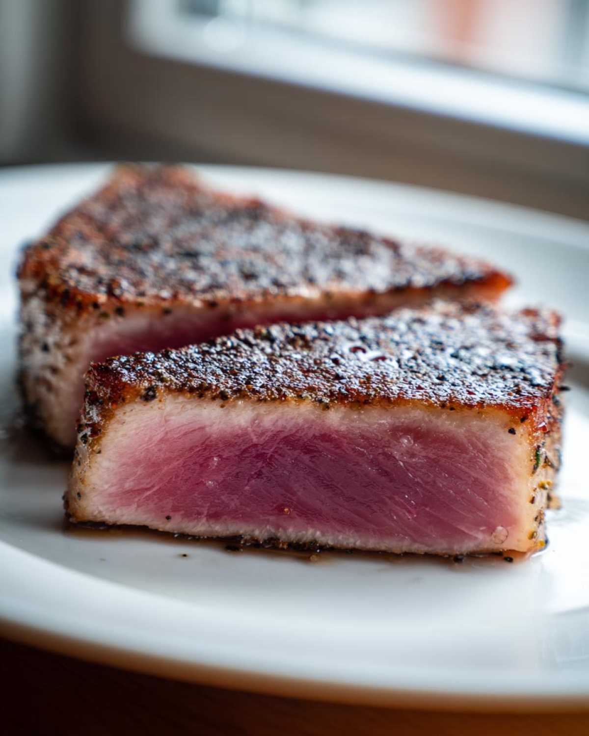 Two thick slices of perfectly seared tuna steak, showing a deep pink, rare center, seasoned with pepper, ready after using the MARINADE FOR TUNA STEAK.