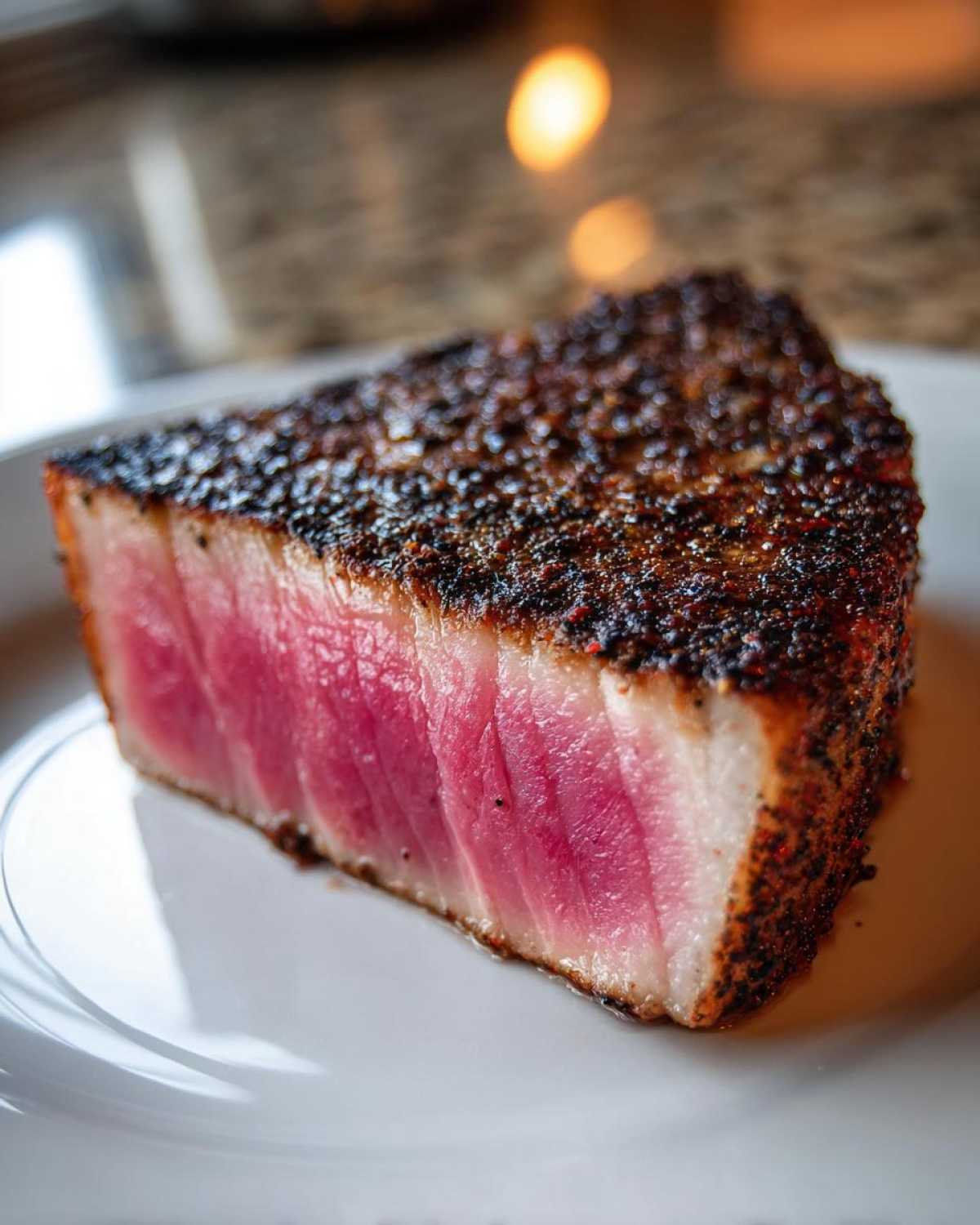 Close-up of a perfectly seared tuna steak, showing a dark, peppery crust and a bright pink, rare interior, ready after using the MARINADE FOR TUNA STEAK.