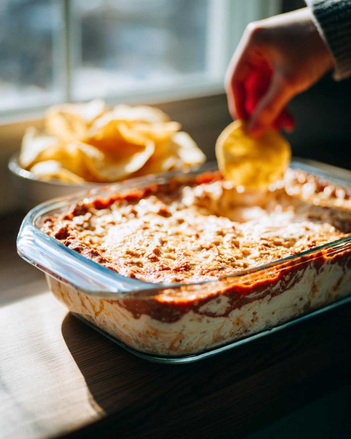 A hand dips a tortilla chip into a warm, baked Seven layer dip in a glass dish.