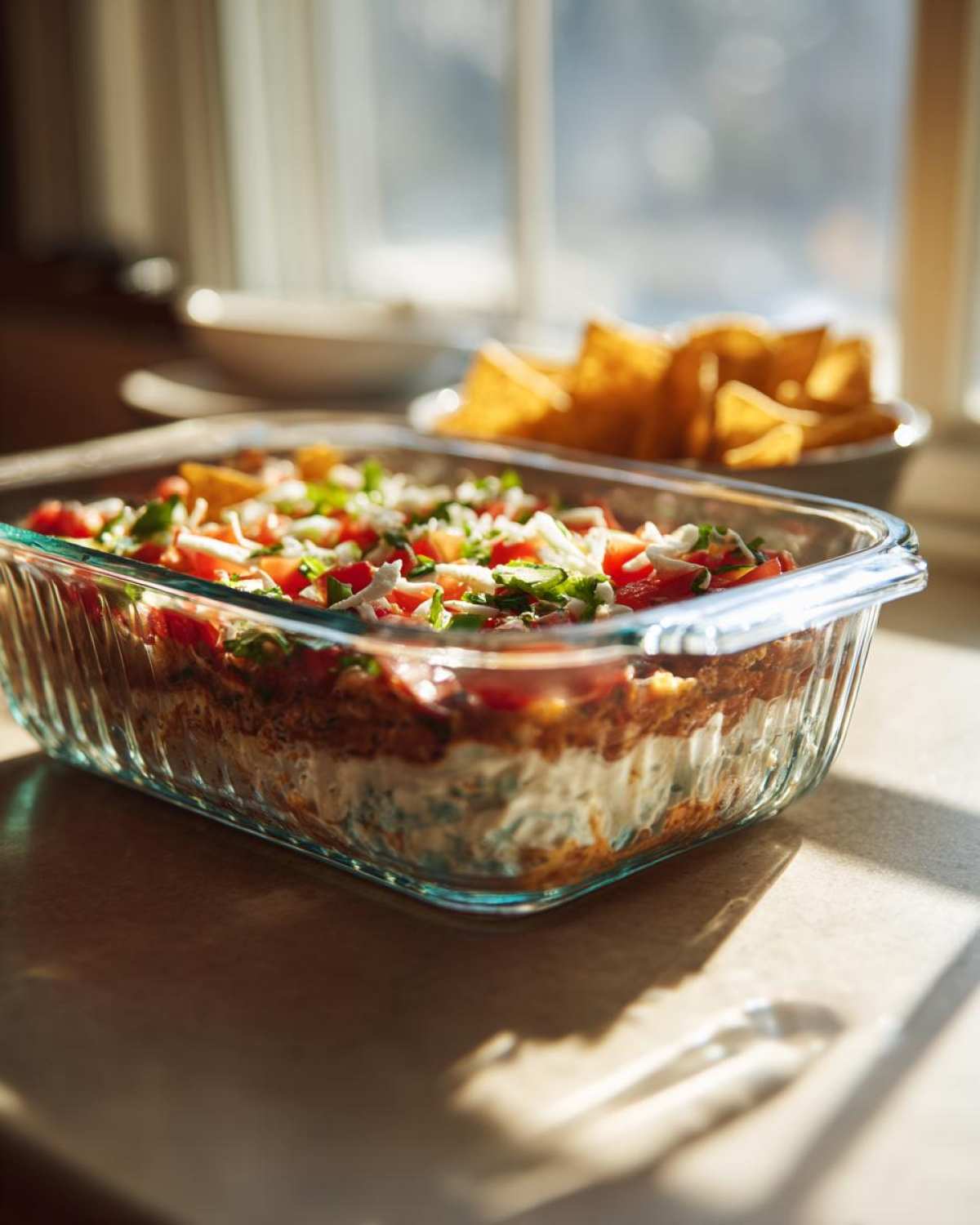 A clear glass dish filled with layers of Seven layer dip, topped with cheese, tomatoes, and green onions.