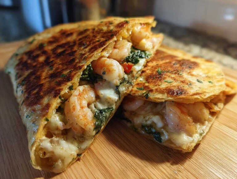 Close-up of a golden-brown shrimp quesadilla cut in half, revealing melted cheese, seasoned shrimp, and spinach filling.