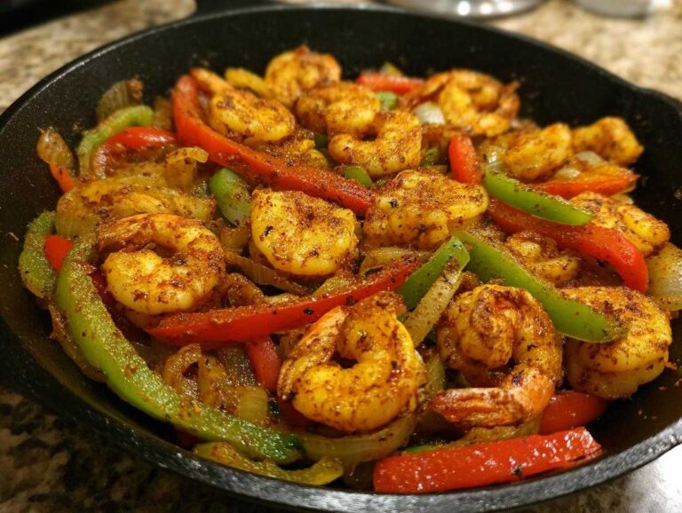Close-up of seasoned shrimp fajitas with colorful bell peppers and onions sizzling in a black cast iron skillet.