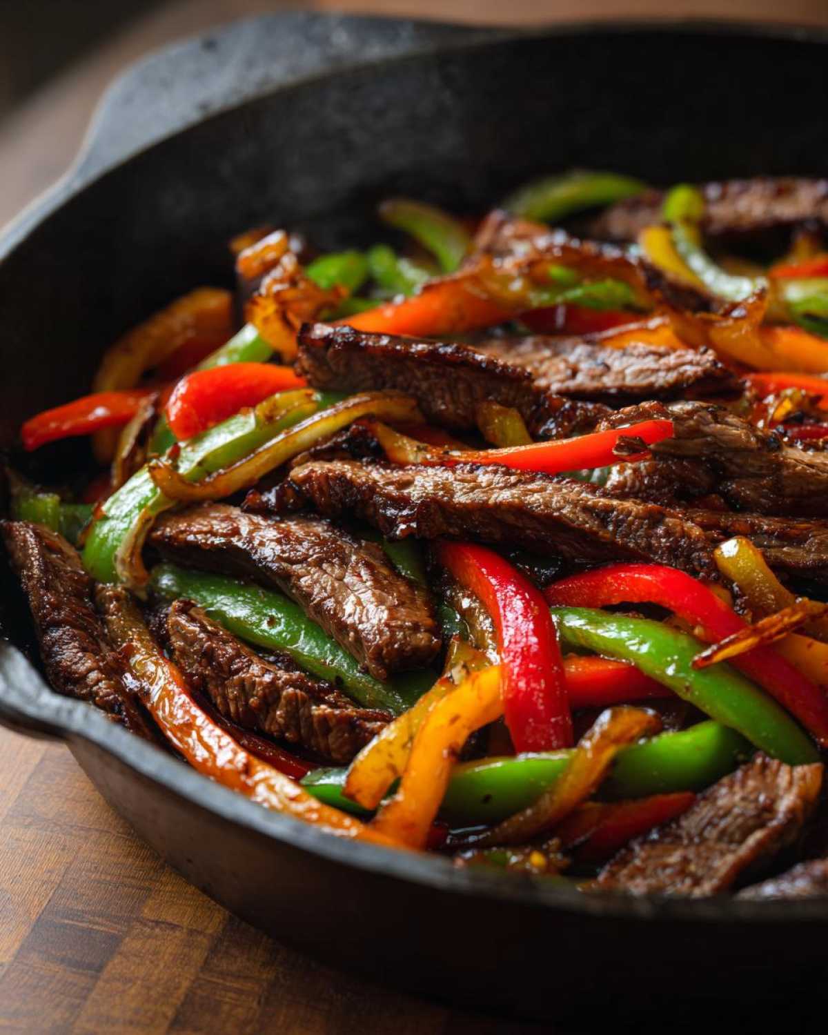 Close-up of sizzling steak fajitas with colorful bell peppers in a black cast iron skillet.