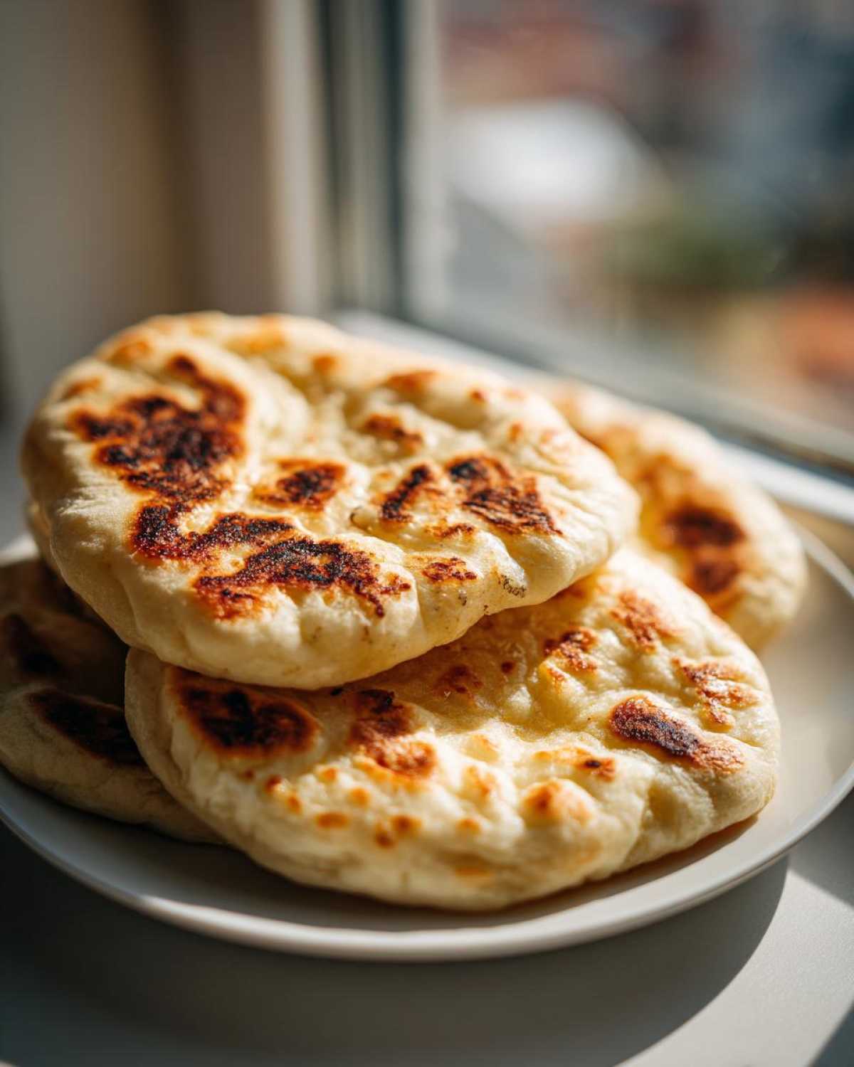 A stack of fluffy, freshly cooked skillet naan bread with golden-brown charred spots resting on a white plate.