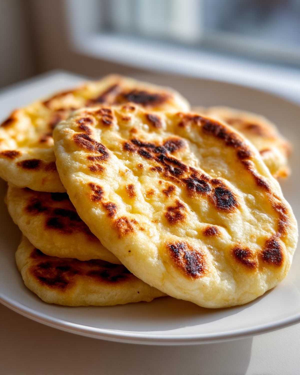 Close-up of a stack of golden, fluffy skillet naan bread with charred spots, served on a white plate.