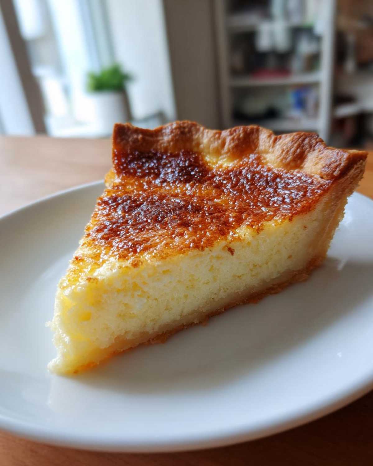 A close-up slice of amazing buttermilk pie with a creamy yellow filling and a beautifully caramelized, browned top crust.