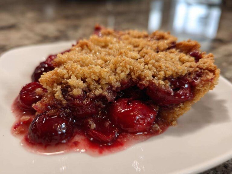 Close-up of a slice of cherry dump cake showing juicy filling and crumbly topping on a white plate.
