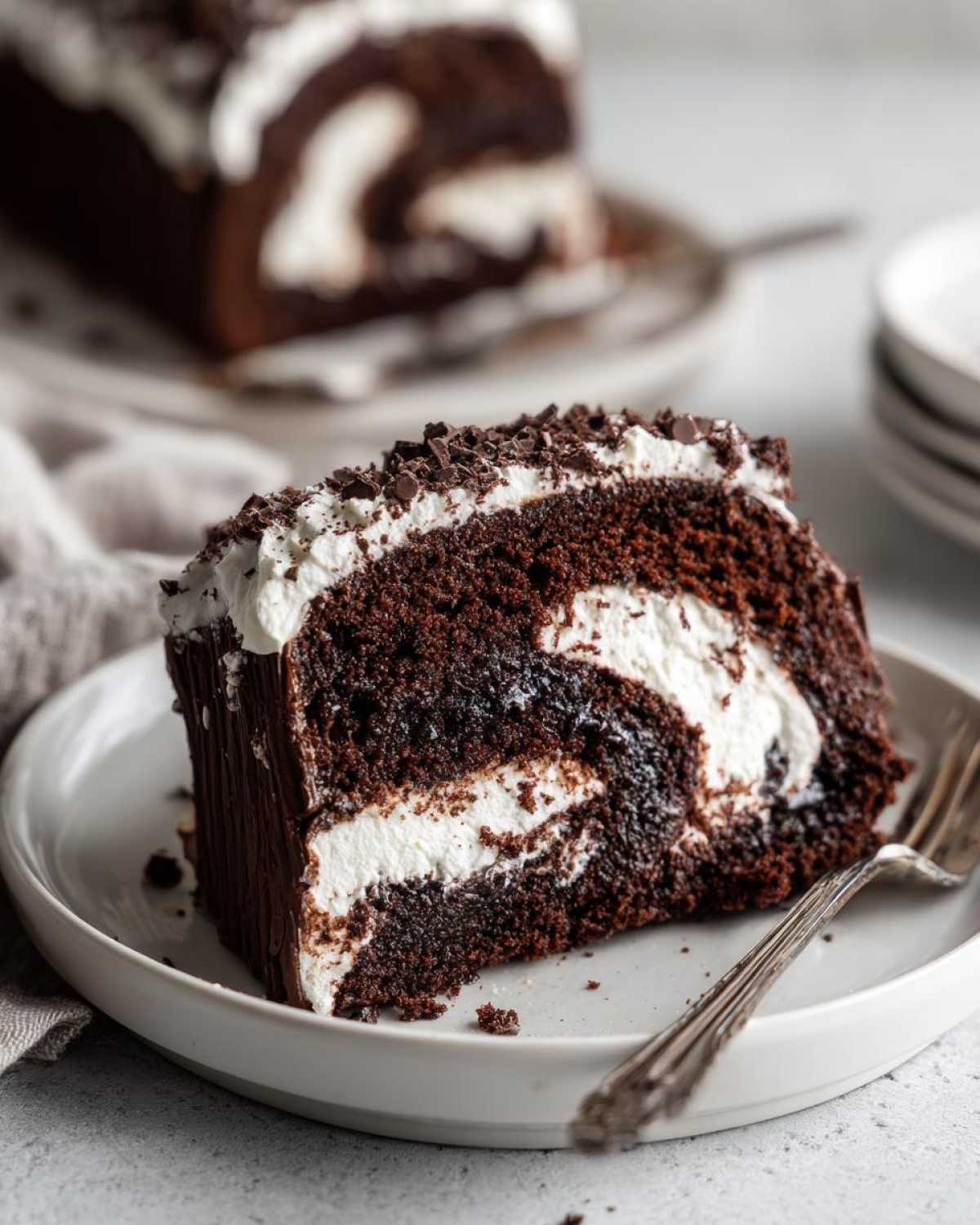 A close-up slice of a chocolate yule log cake showing dark sponge, white cream swirl, and chocolate shavings.