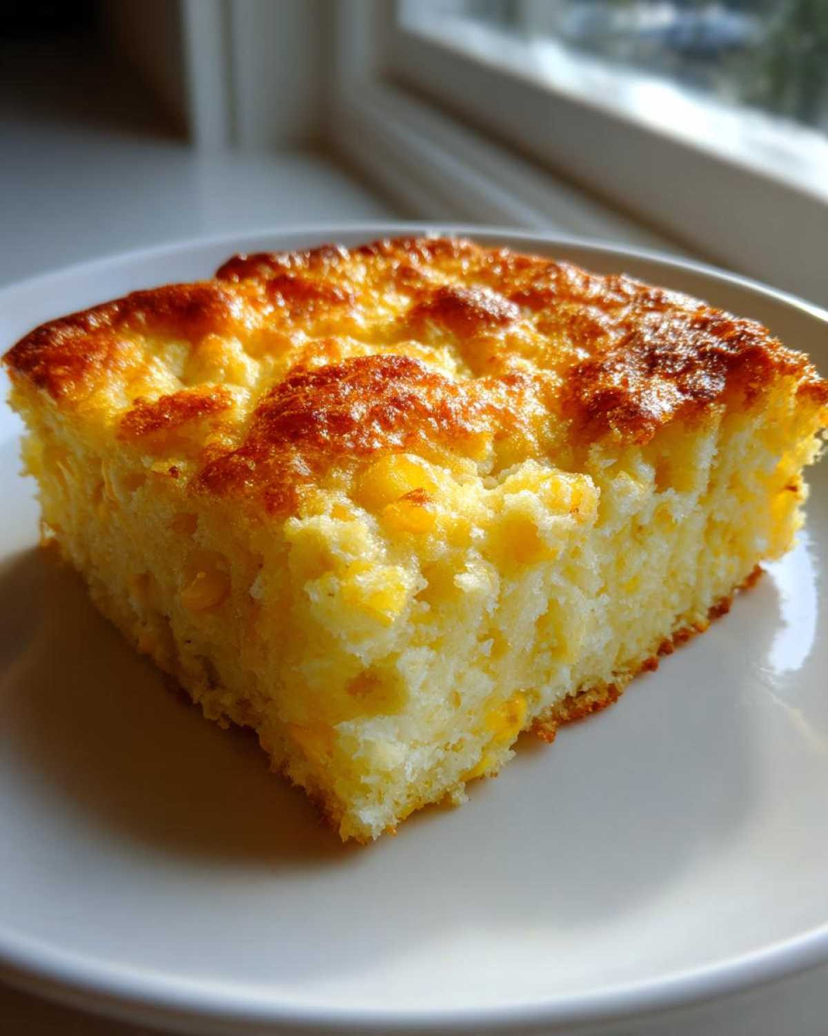 A square slice of golden brown cornbread casserole with visible corn kernels on a white plate.