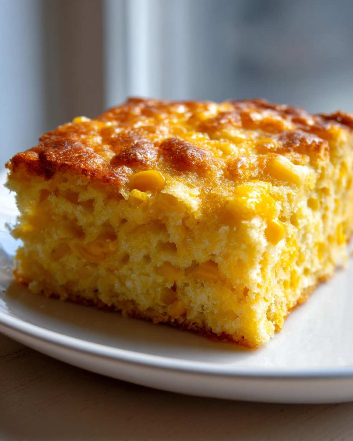 Close-up of a golden slice of moist cornbread casserole with visible corn kernels on a white plate.
