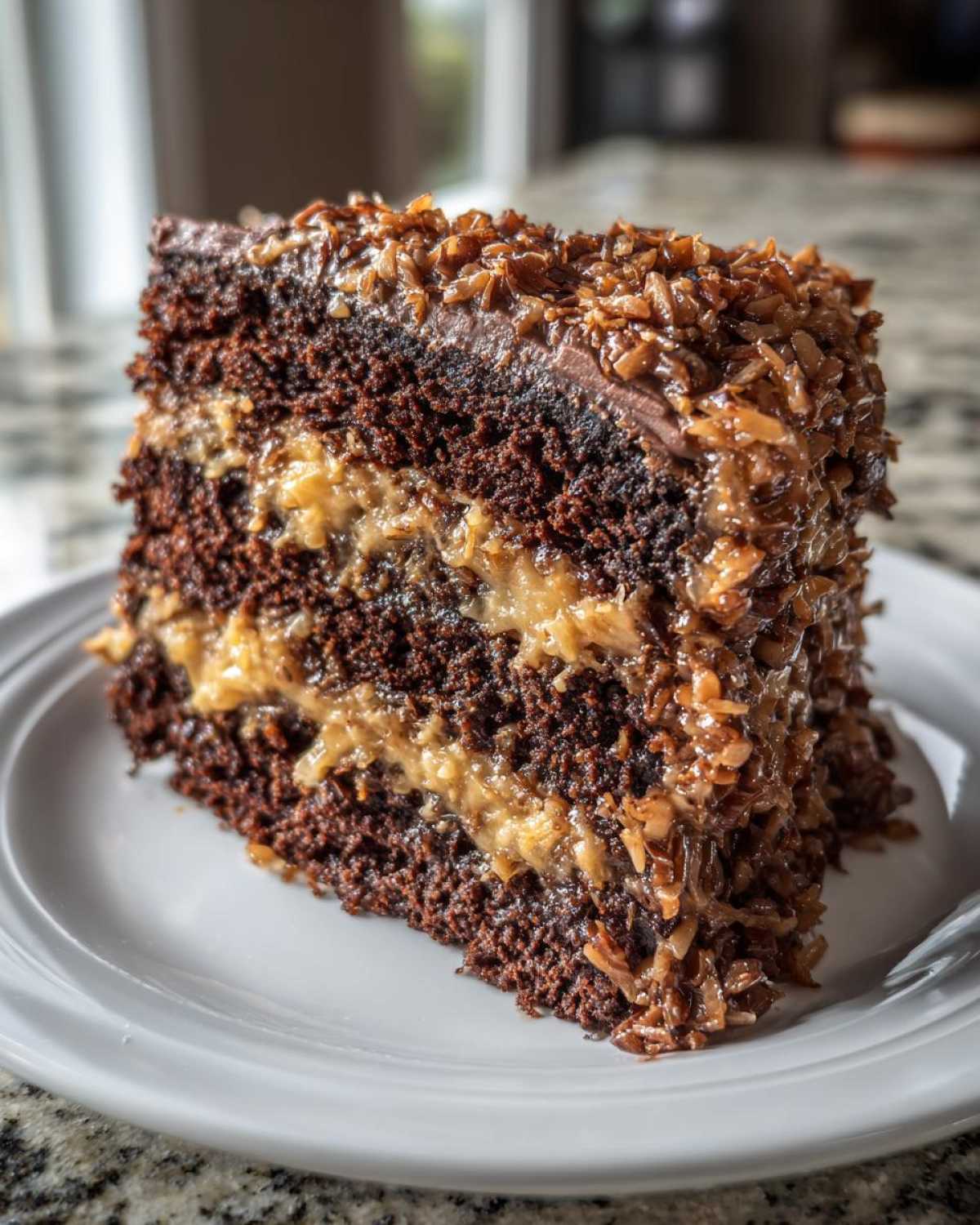 Close-up of a tall slice of moist German chocolate cake with coconut-pecan frosting layers.