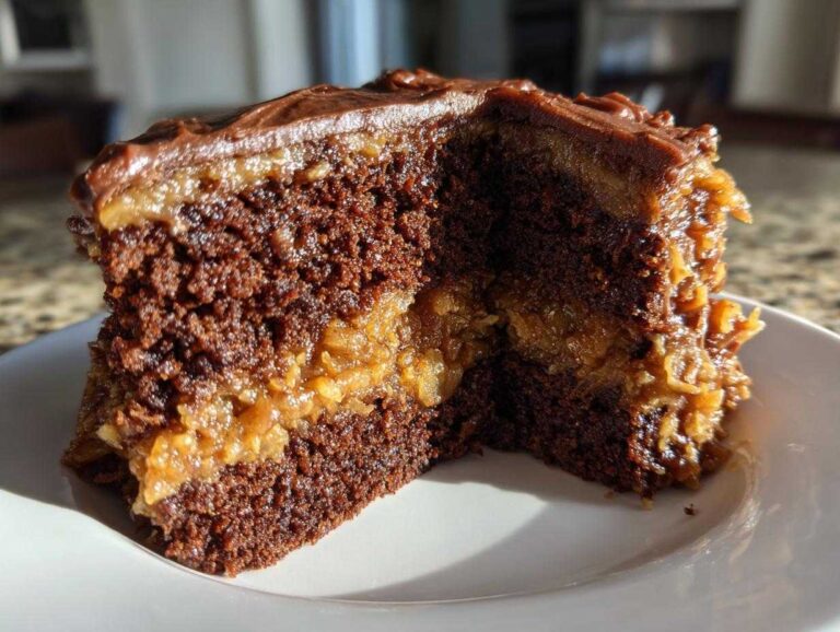 Cross-section of a moist slice of german chocolate cake recipe showing dark chocolate layers and coconut-pecan filling.