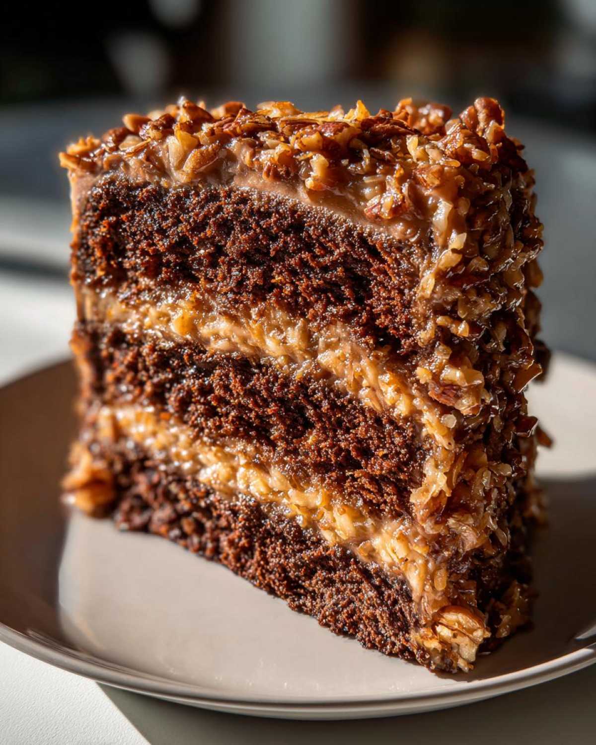 Close-up of a decadent slice of German chocolate cake recipe showing three dark layers and coconut-pecan frosting.