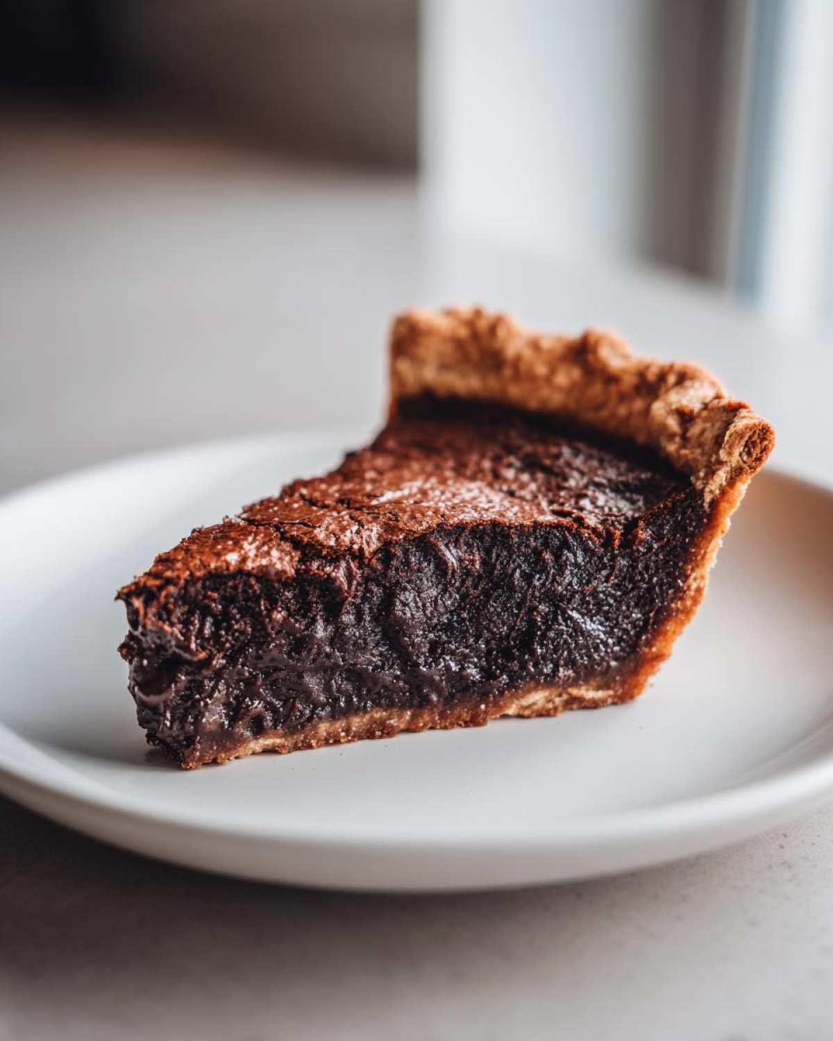 A close-up of a decadent slice of hot fudge pie showing its dark, gooey chocolate center and flaky crust.