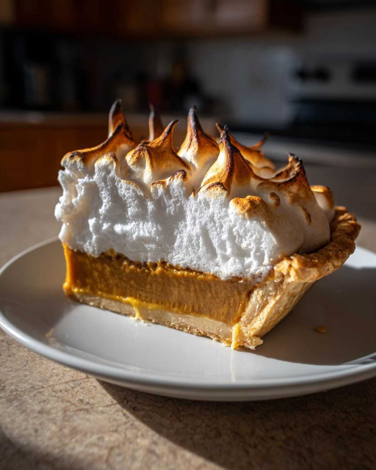 A close-up slice of butterscotch pie with a thick, torched meringue topping on a white plate.
