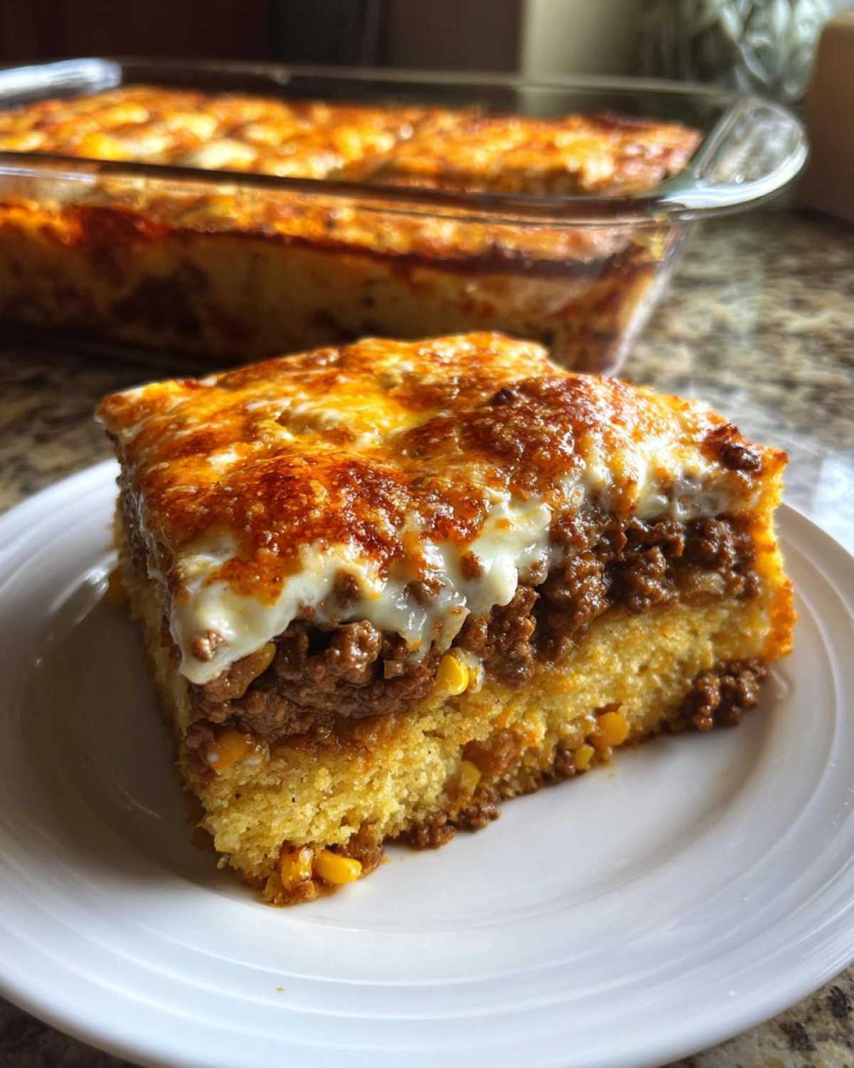 A thick slice of mexican cornbread casserole featuring a corn base, seasoned ground meat, and melted, browned cheese topping.