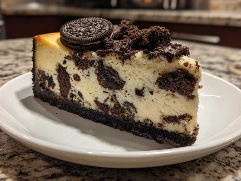 A thick slice of baked oreo cheesecake featuring chunks of chocolate cookie throughout the filling and topped with crumbs and a whole cookie.