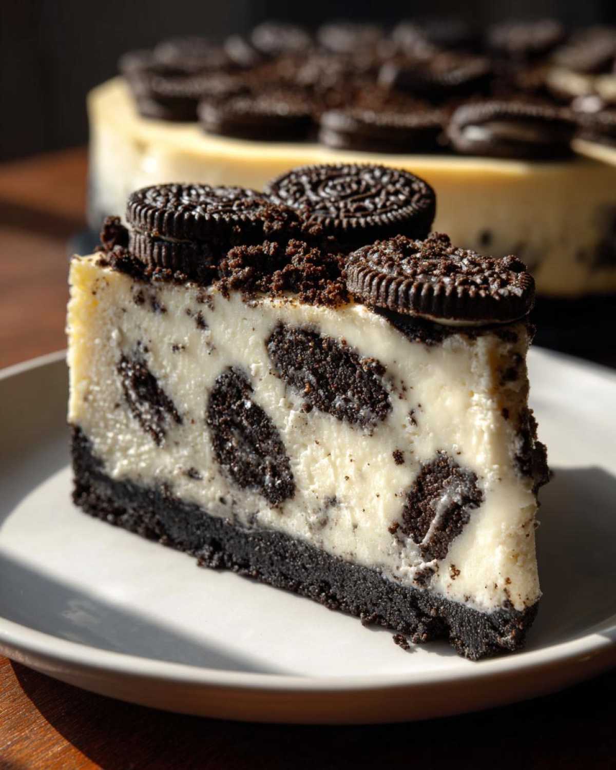 A perfect slice of creamy oreo cheesecake featuring chunks of cookies mixed in and topped with whole Oreos.