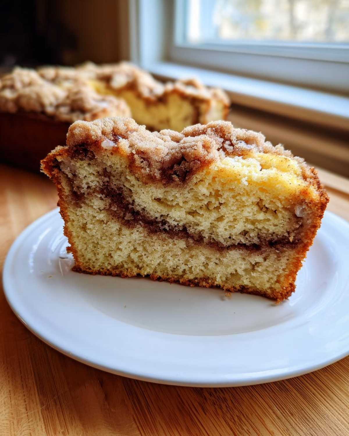 A close-up slice of moist sour cream coffee cake featuring a thick cinnamon swirl and crumb topping.