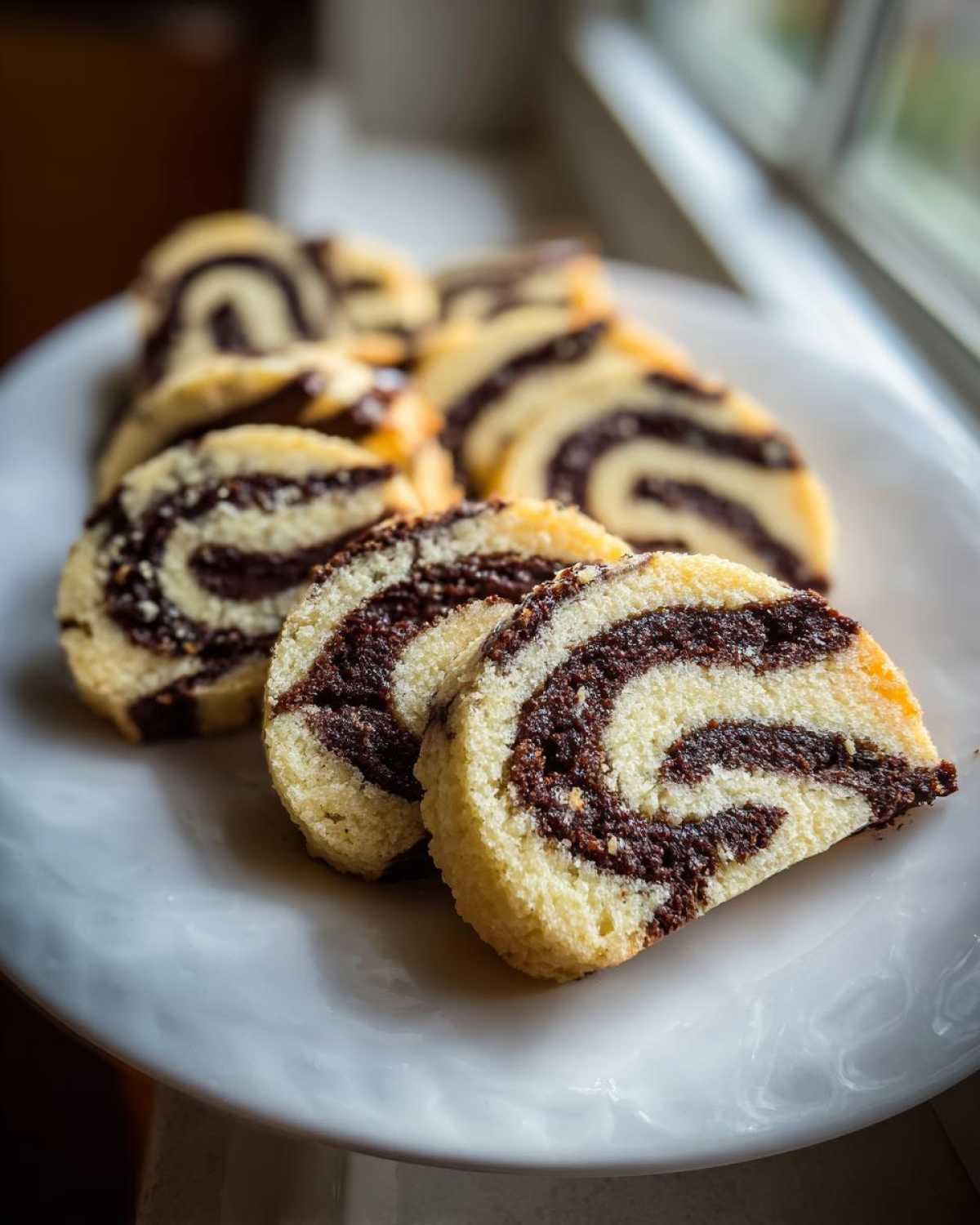 Three slices of beautiful pinwheel cookies showing a perfect vanilla and chocolate swirl pattern on a white plate.