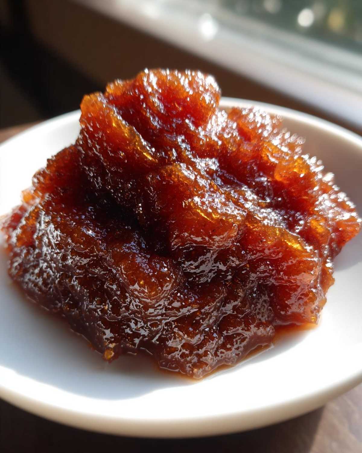 A close-up of thick, dark brown, glossy apple butter served in a small white dish.