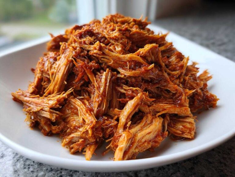 A close-up of a mound of tender, saucy Slow Cooker Pulled Pork piled high on a white square plate.