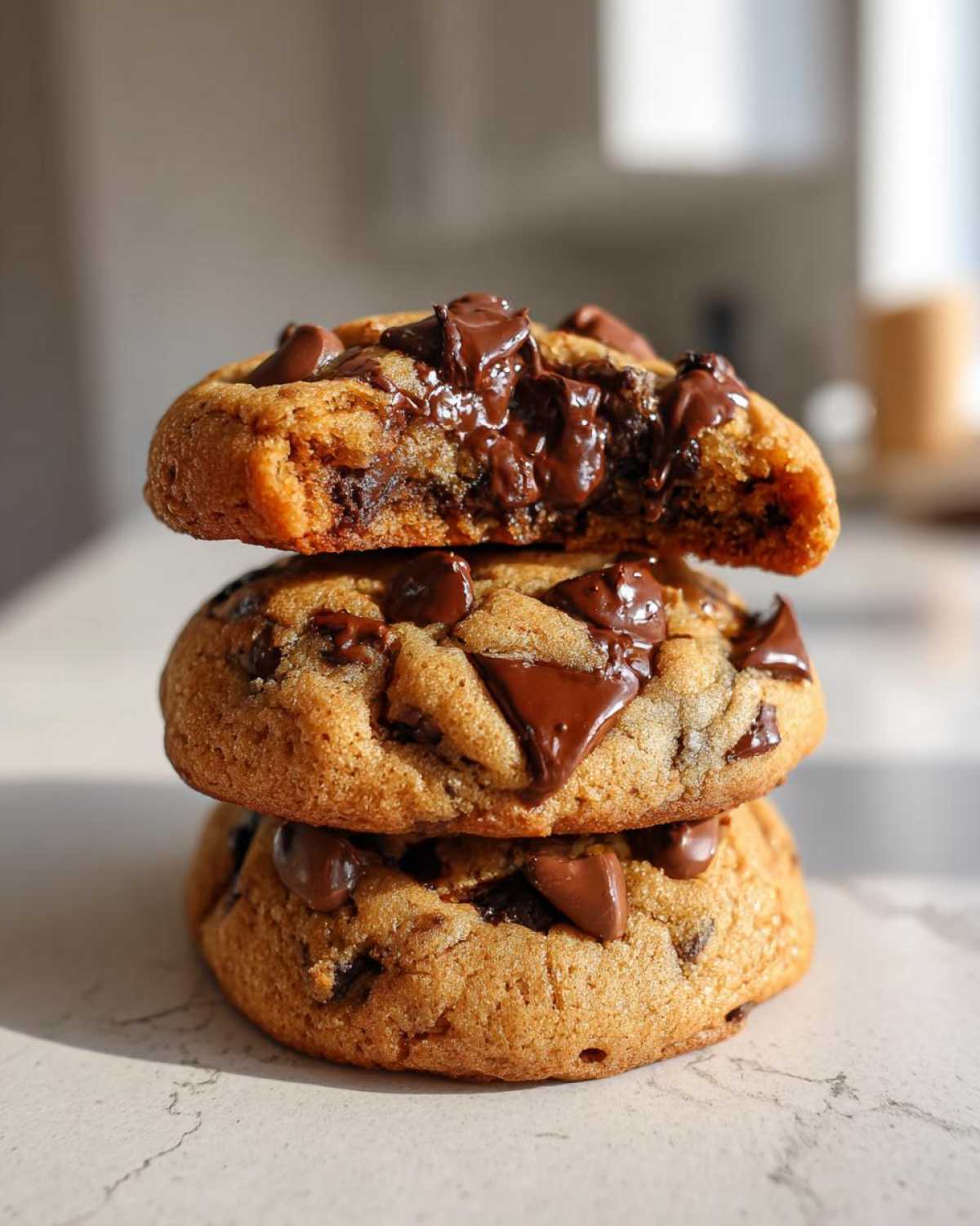 Three thick, soft chocolate chip cookies stacked, with the top one broken open revealing gooey melted chocolate.