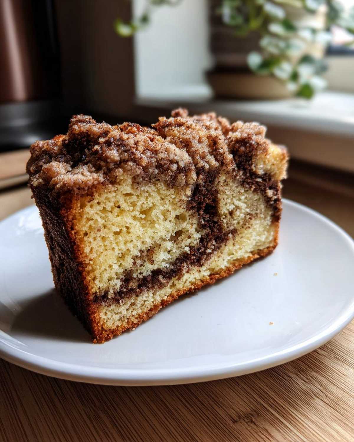 A close-up slice of moist sour cream coffee cake featuring a cinnamon swirl and thick, sugary crumb topping.