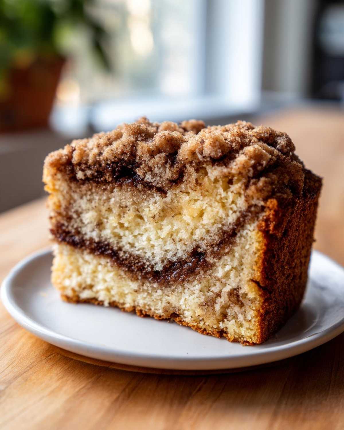 Close-up of a moist slice of sour cream coffee cake featuring a thick cinnamon swirl and generous streusel topping.