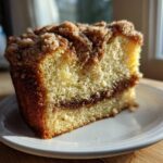 A close-up, sunlit slice of moist sour cream coffee cake featuring a thick cinnamon swirl and crunchy streusel topping.