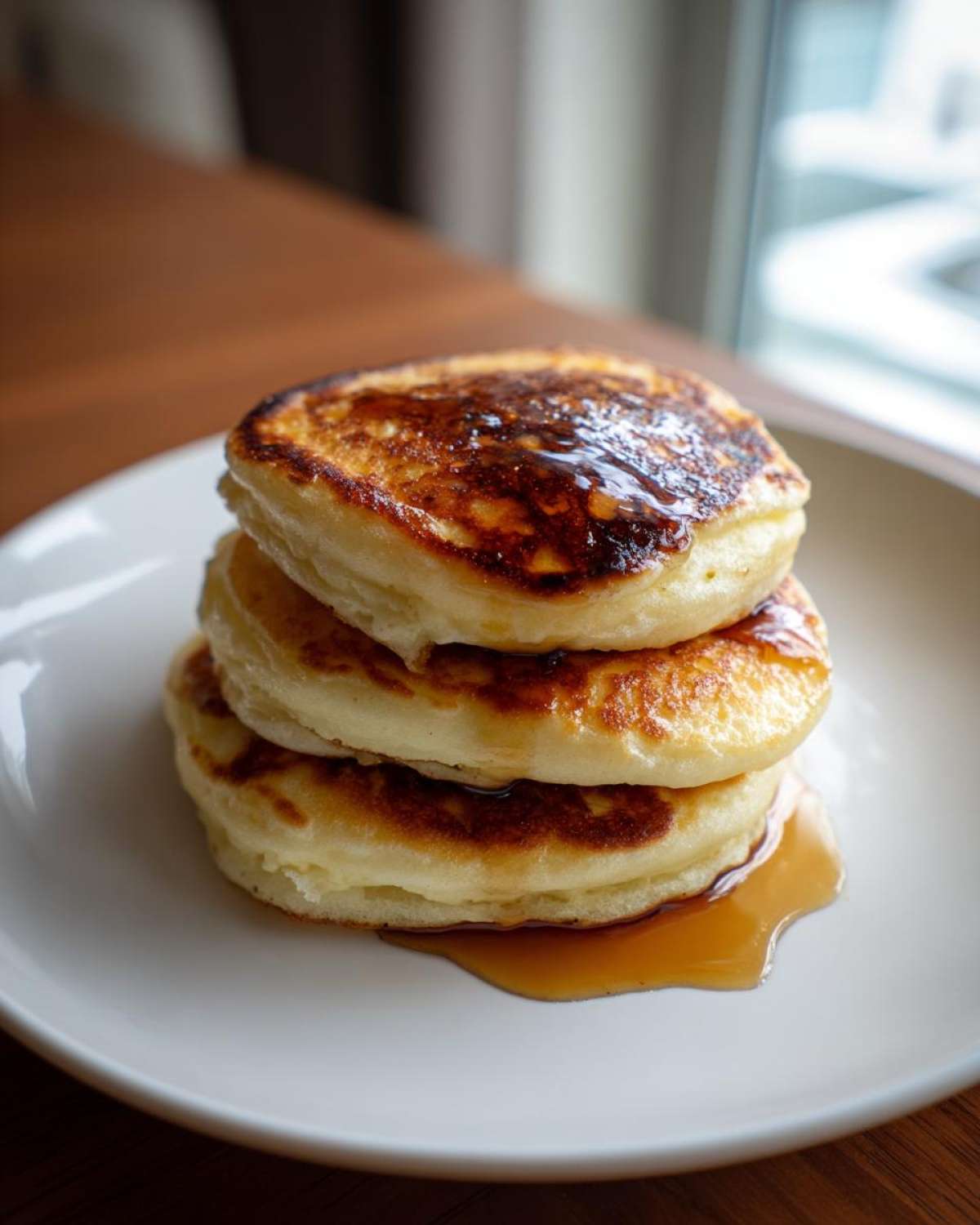 A stack of three fluffy sourdough discard pancakes drizzled with maple syrup on a white plate.